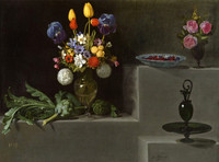 Still life with artichokes, cherries and vases of flowers