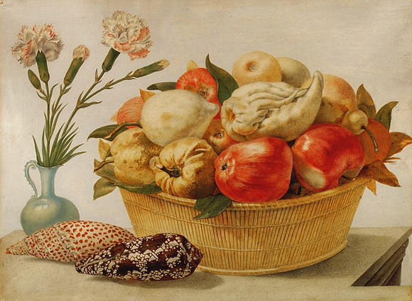 Still life with a basket of fruit, a vase with carnations and shells on a table